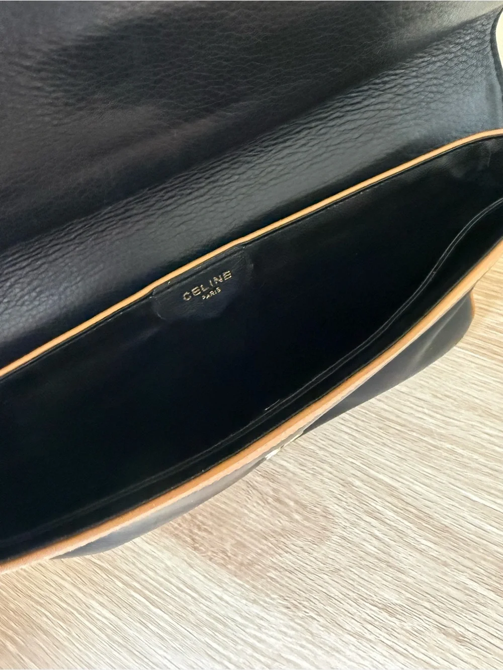 Vintage Celine Black Leather Fold-Over Clutch with Gold Hardware